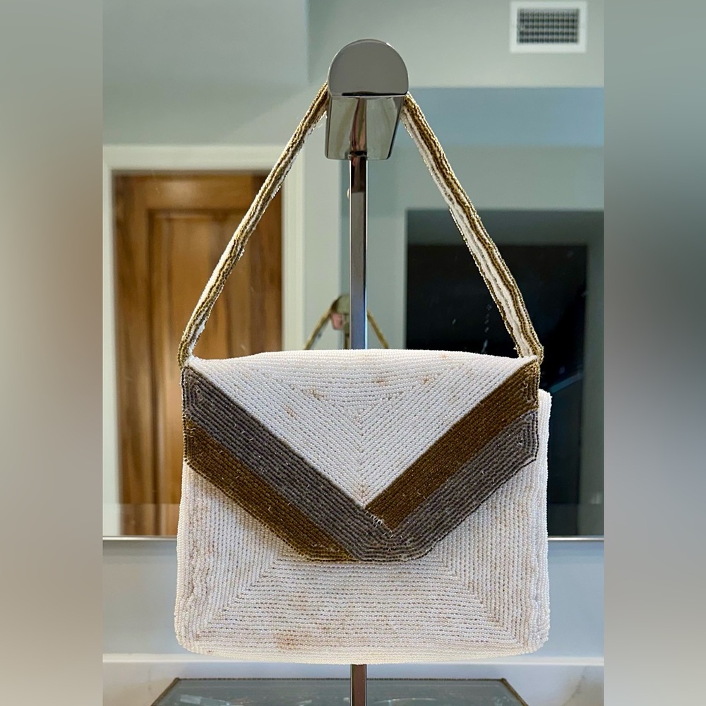 Very VTG Walborg Fully Beaded Bag - White/Gold/Silver - Intact!! EUC